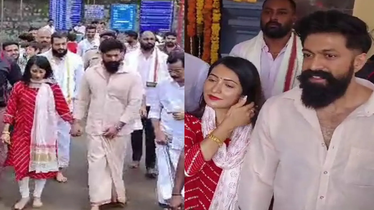 Rocking Star Yash and wife Radhika Pandit visit Dharmasthala Sri Manjunatha Swamy temple.