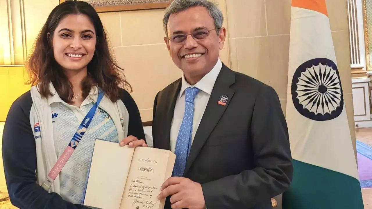 Indian envoy to France Jawed Ashraf gifts Bhagavad Gita to Olympian Manu Bhaker