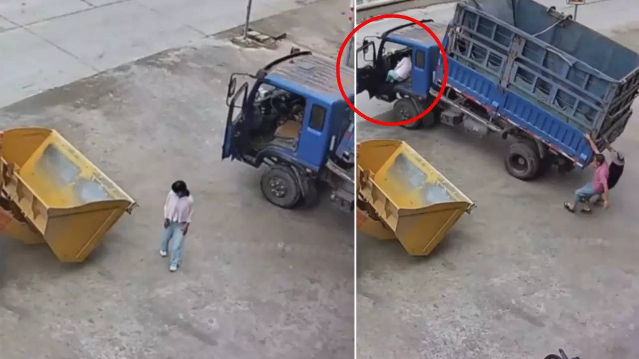 Woman jumps onto a moving truck to pull the handbrake