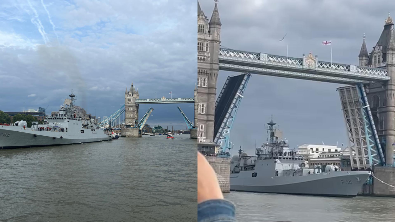 London's Iconic Tower Bridge Opens To Welcome India's INS Tabar