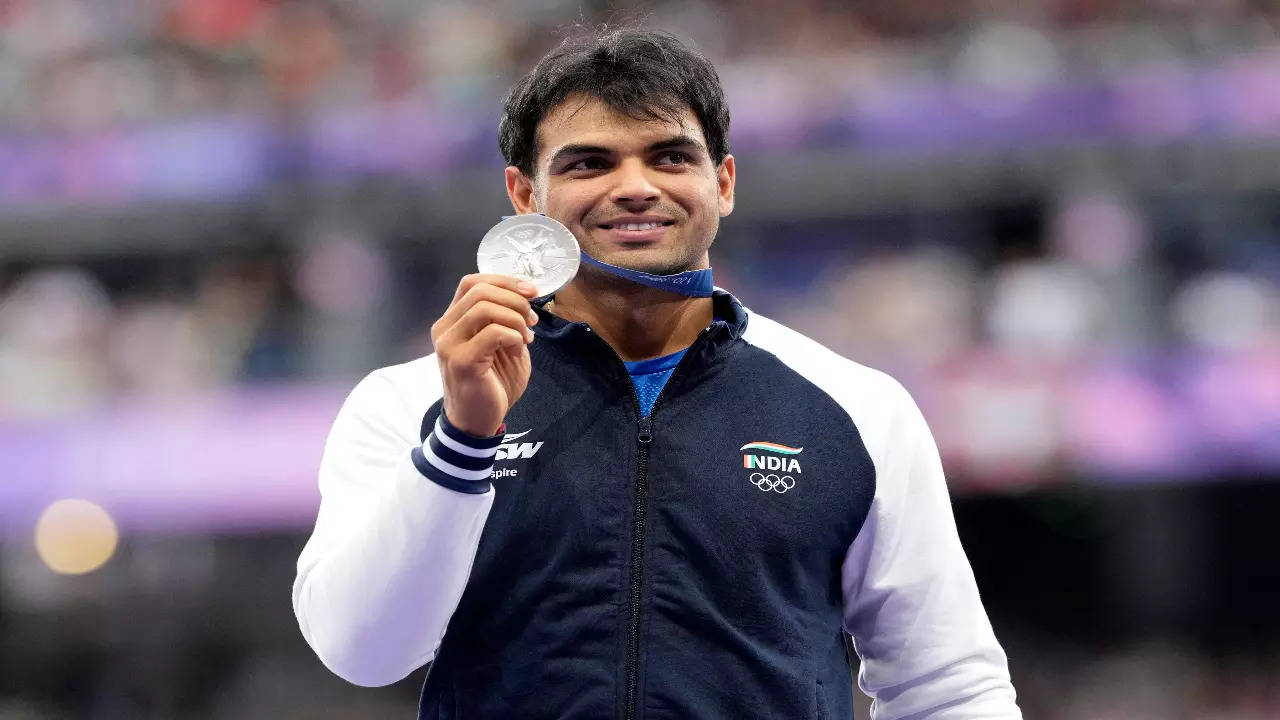 Neeraj Chopra with his silver medal at the Paris Olympics