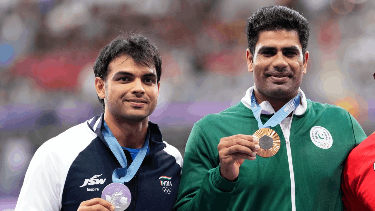 Neeraj Chopra Arshad Nadeem Olympic medal podium ap