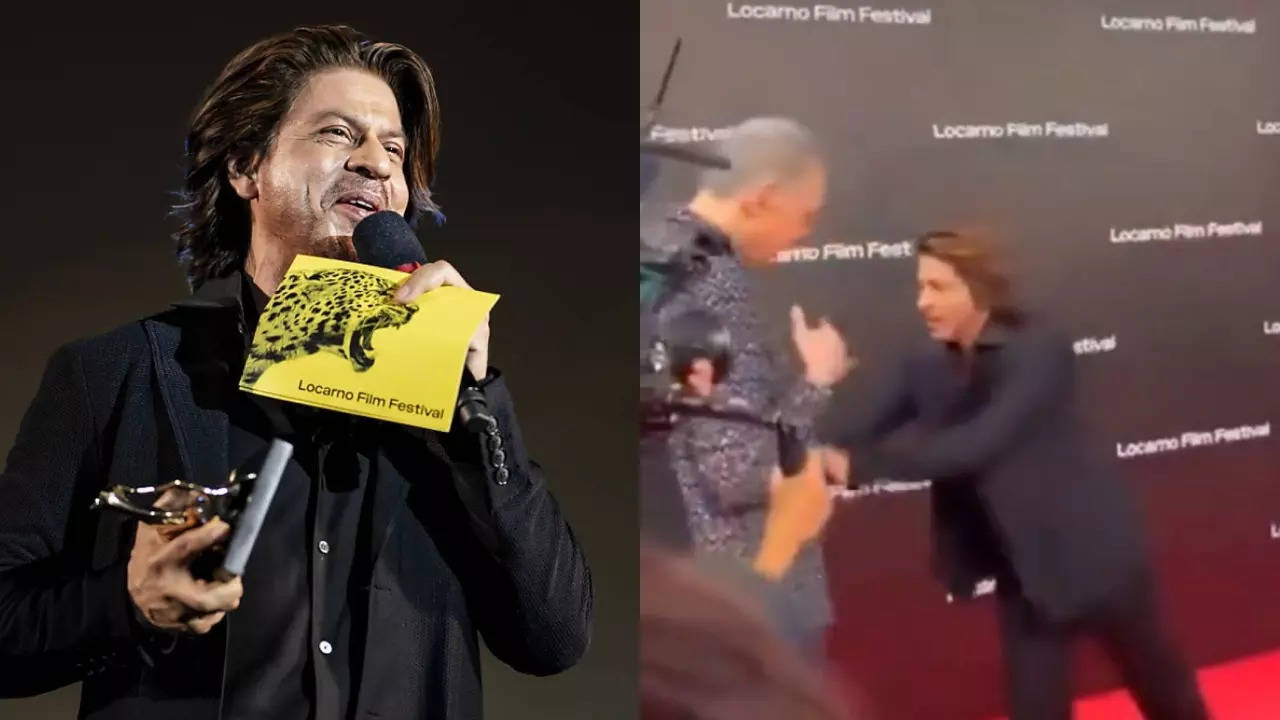 Shah Rukh Khan pushes an old man at the 77th Locarno Film Festival red carpet.