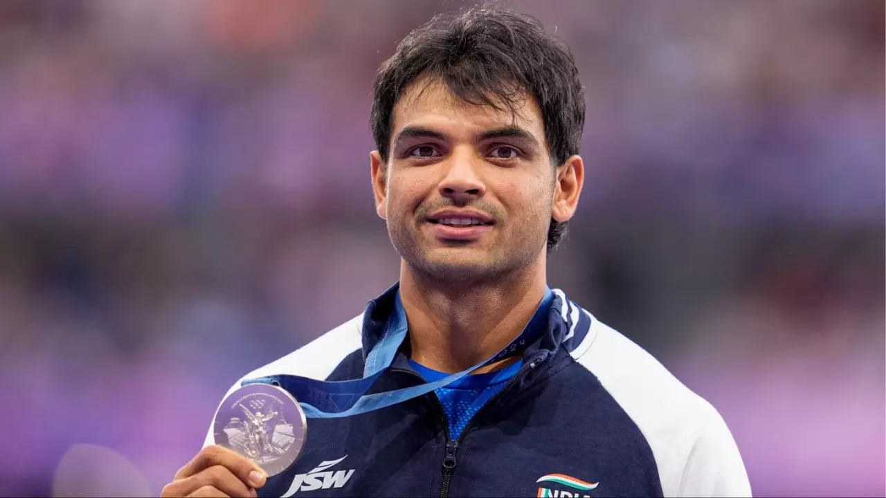 Neeraj Chopra with his silver medal at the Paris Olympics