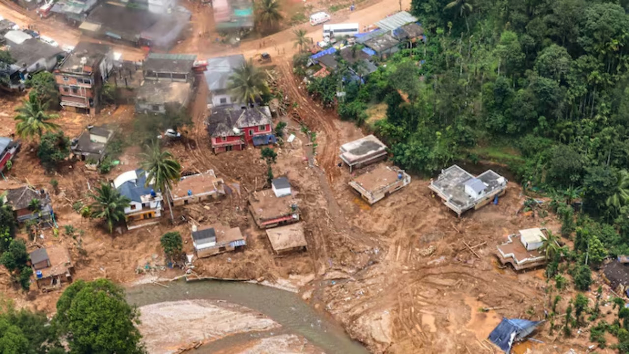 An ariel view of the landslide-hit areas in Wayanad