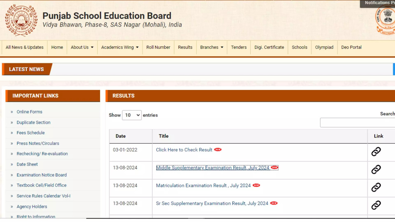 PSEB Supplementary Result 2024 Punjab Board Class 8, 10, 12 Result Out