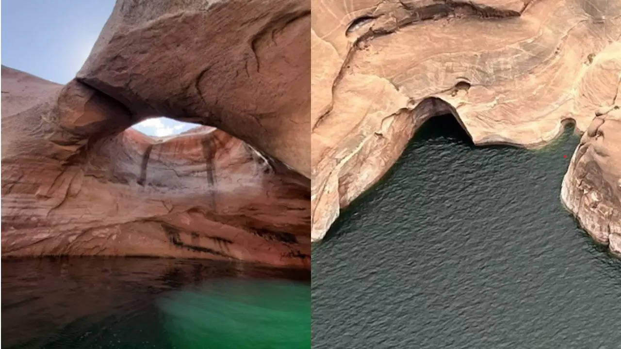 Before and after pictures of the Double Arch in Utah. Credit: National Park Service