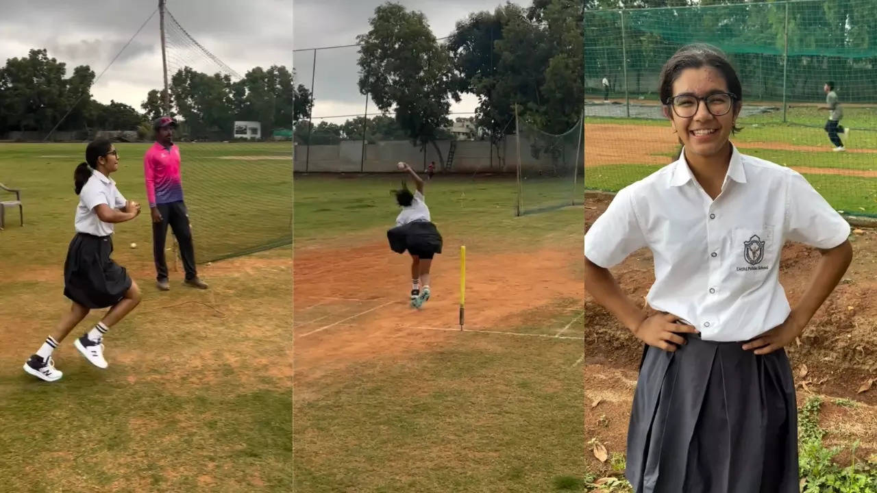 DPS Bangalore East 9th grader Myra Jain imitates Jasprit Bumrah while bowling nets. | Credit: NICE