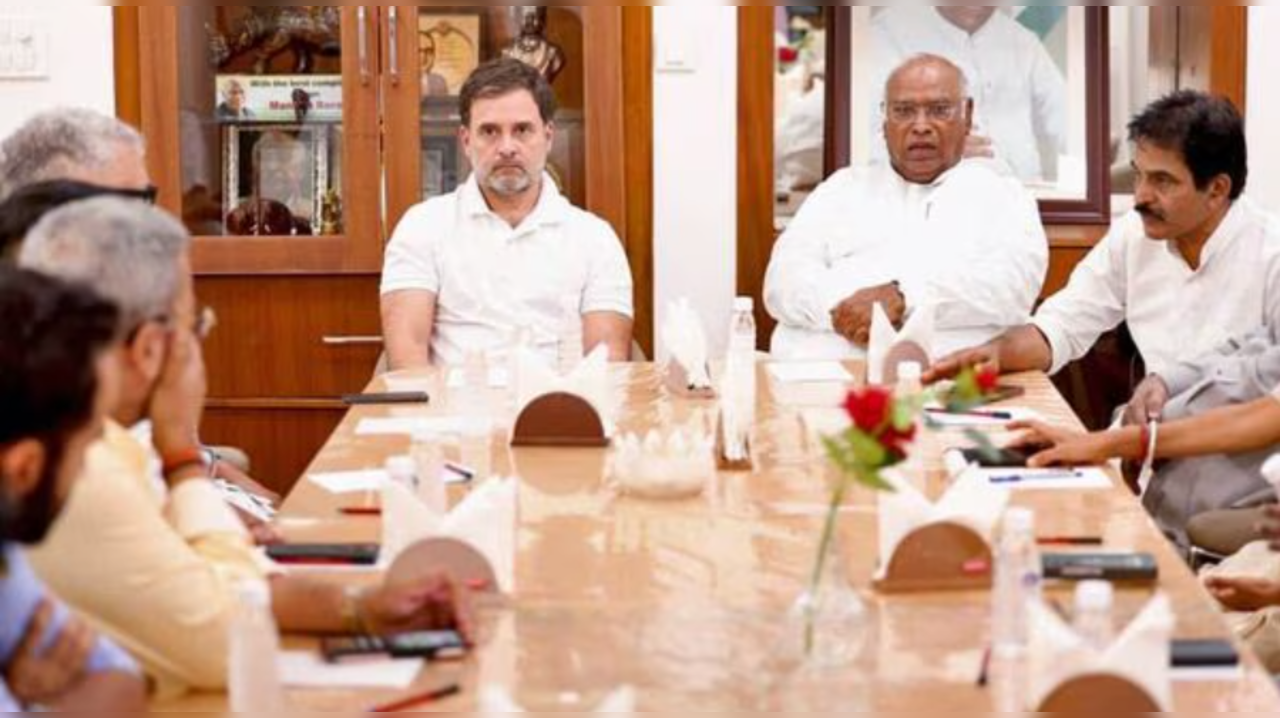 Congress President Mallikarjun Kharge and party leader Rahul Gandhi hold a meeting with floor leaders of INDIA Alliance