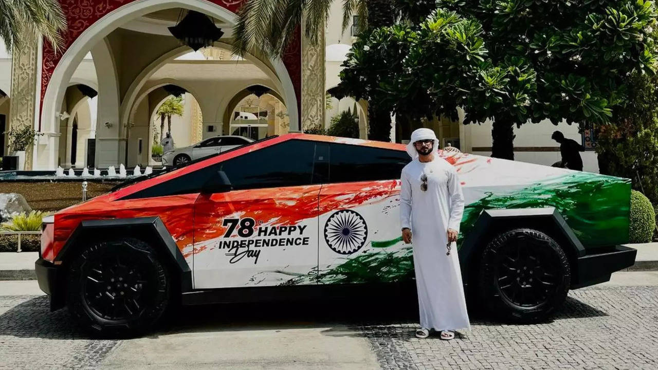 Tesla Cybertruck Wrapped In Indian Flag Colours Drives Around in Dubai Streets: Watch