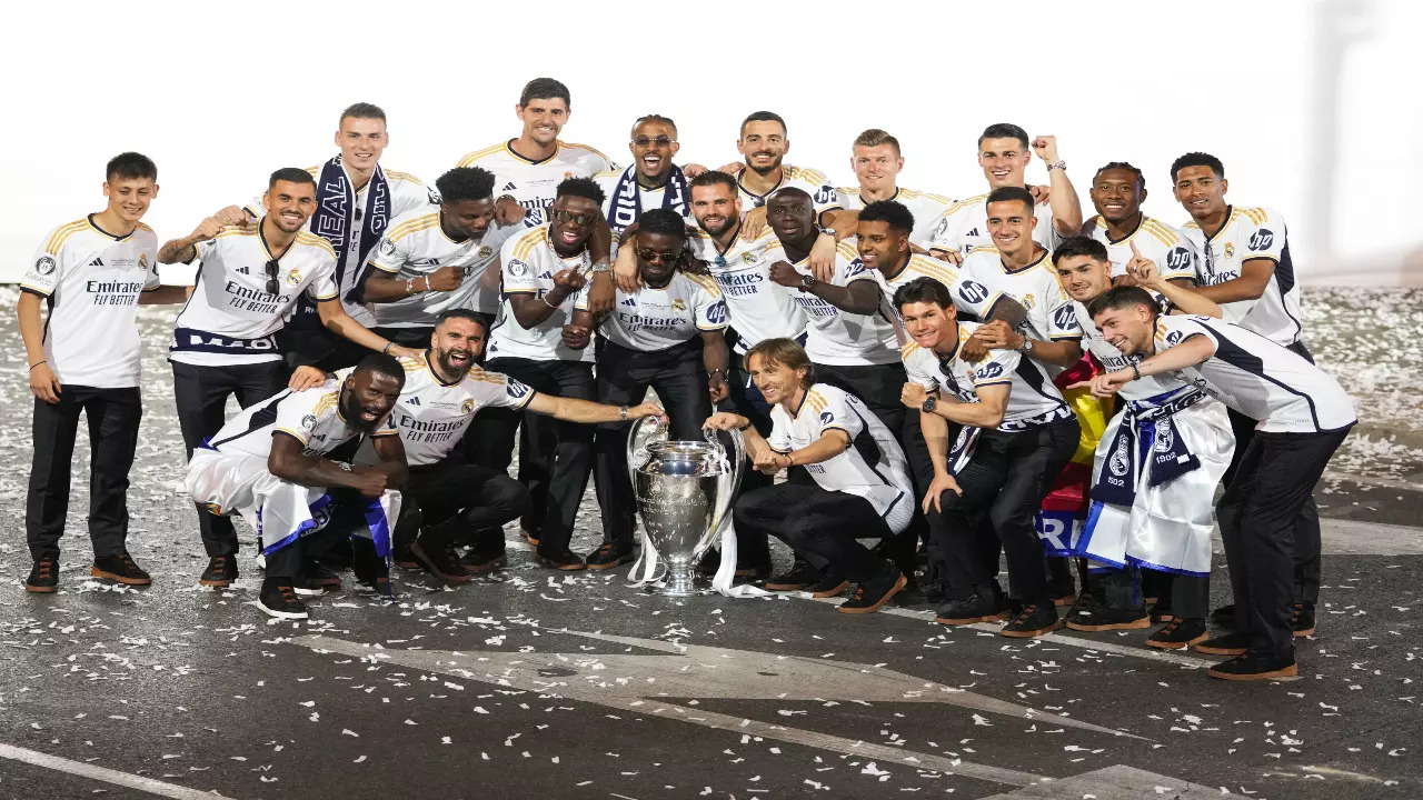 Real Madrid players celebrate Champions League title