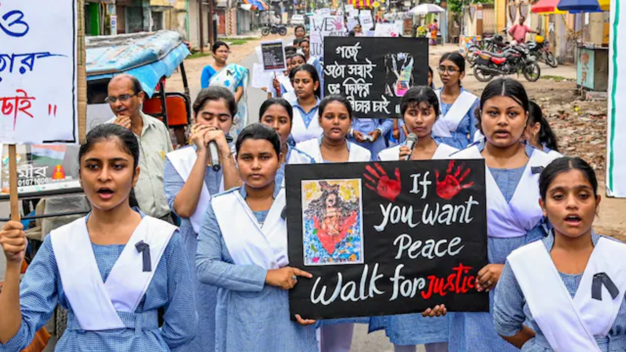 Students stage a protest rally demanding justice for the woman doctor who was allegedly raped and murdered at Kolkata's RG Kar Medical College and Hospital, in Nadia