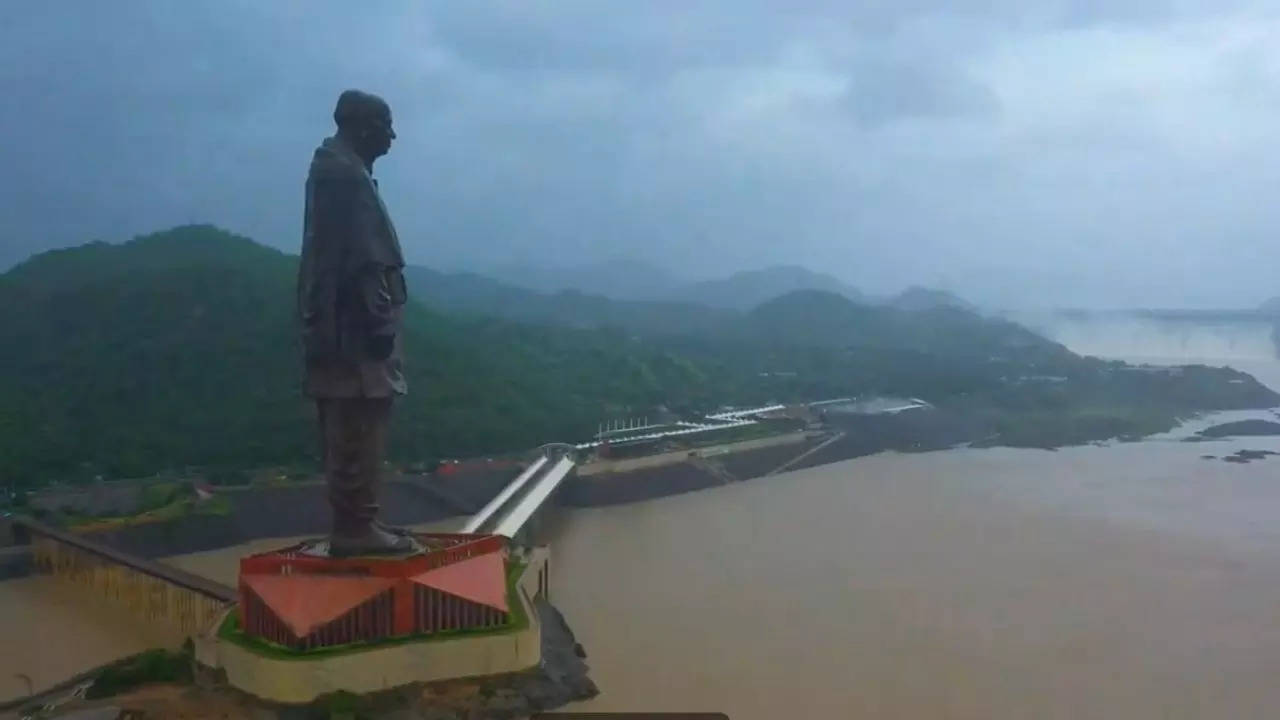 Area Between Sardar Sarovar Dam And The Statue Of Unity Submerged In Rainwater