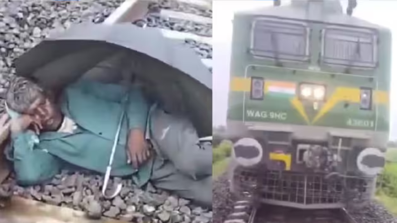 ‘getting life on track?’: up man sleeps under umbrella on railway track as train approaches | video