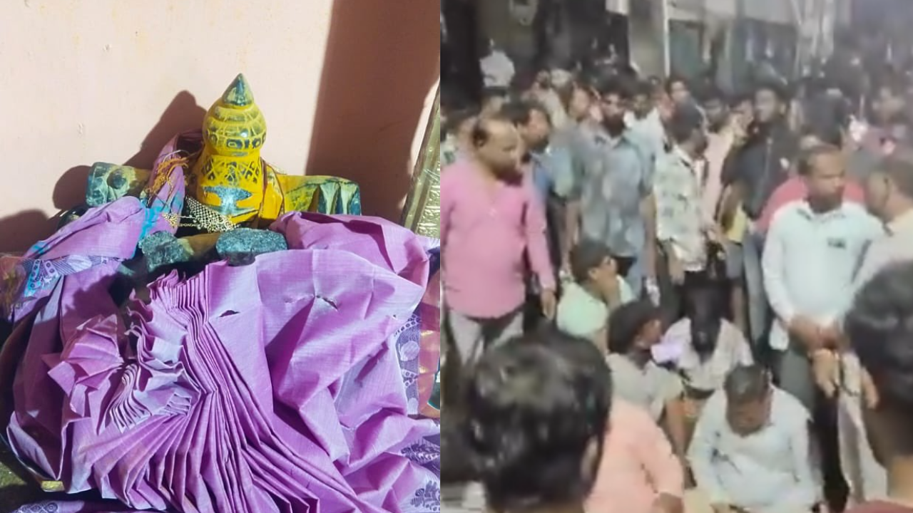 hyderabad: miscreants vandalise goddess idol at bhoolaxmi temple, mob stages protest