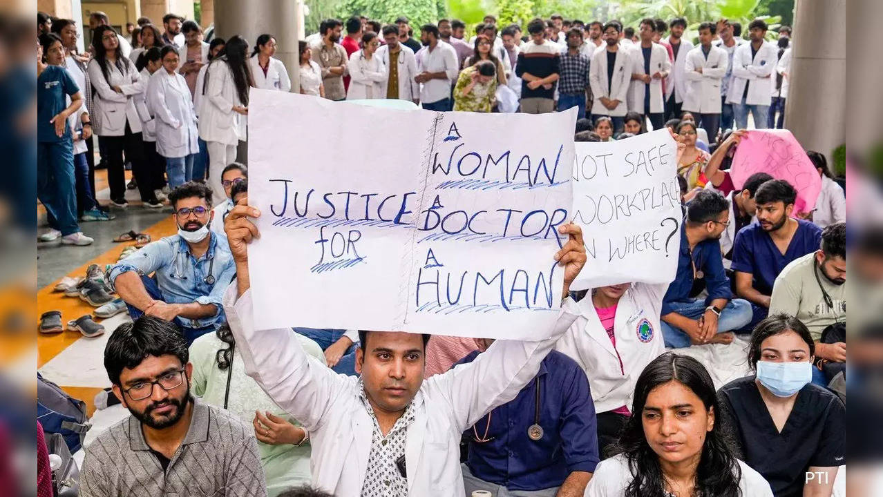 Doctors and medical students stage a protest against the alleged rape and murder of a woman doctor at Kolkata's R G Kar Medical College and Hospital