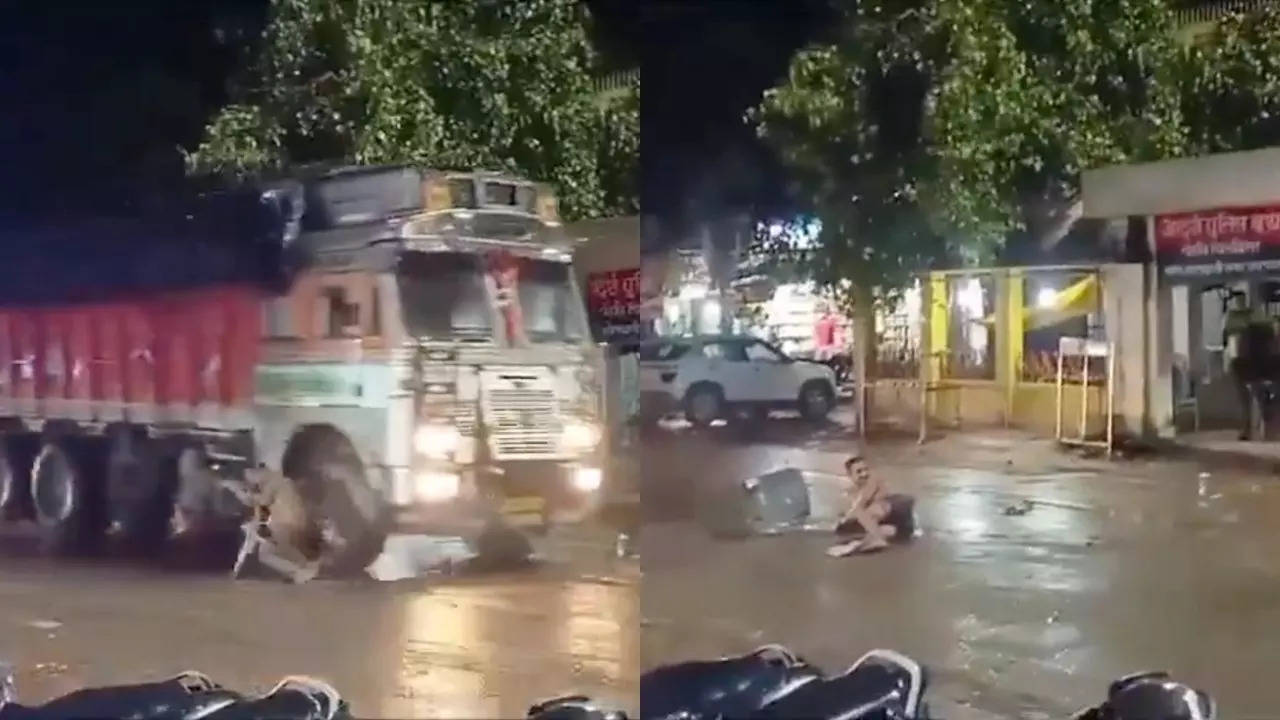 A truck knocks down a chair-sitting man in Pratapgarh, Uttar Pradesh. | Credit: Social media