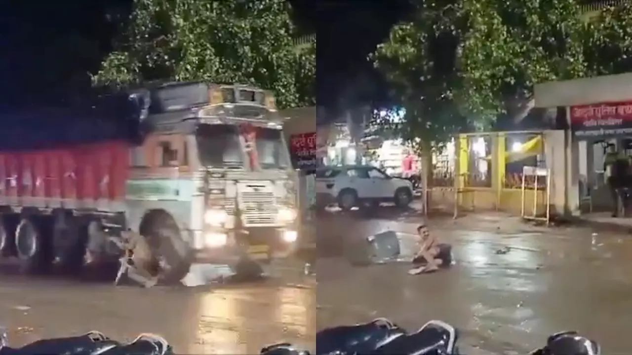 A truck knocks down a chair-sitting man in Pratapgarh, Uttar Pradesh. | Credit: Social media