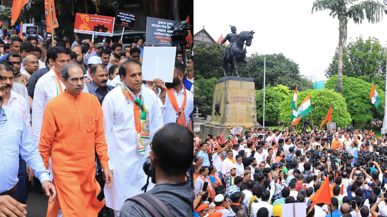 mva's 'joote maro' protest in mumbai over shivaji statue collapse, bjp holds counter-protest