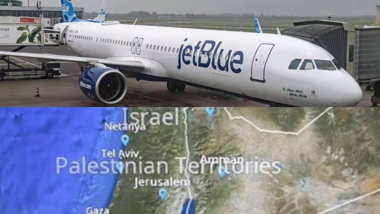 A JetBlue flight map displays the label Palestinian Territories over Israel. | Getty Images/X