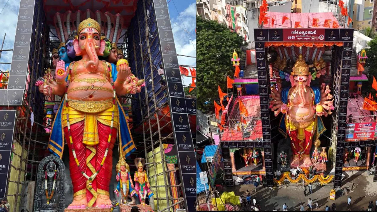 watch: lord ganesha's 70-ft-tall idol erected in hyderabad ahead of ganeshotsav