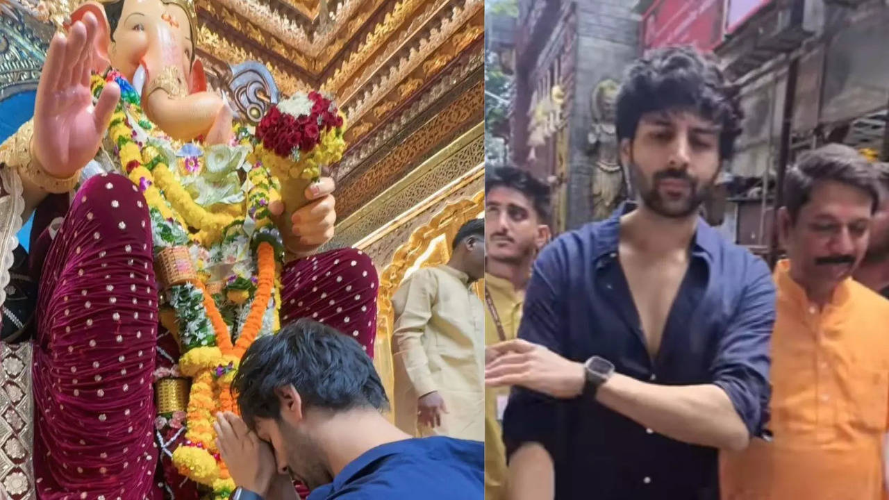 kartik aaryan begins ganesh chaturthi 2024 by offering prayers at lalbaugcha raja - watch video