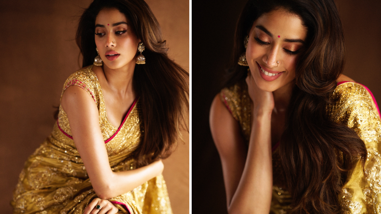 janhvi kapoor stuns in shimmery golden saree for devara trailer launch