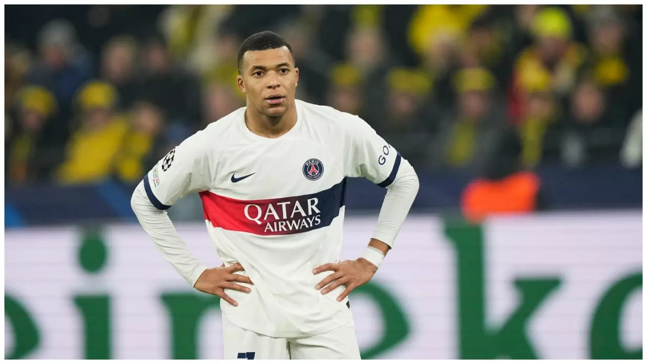 Kylian Mbappe reacts during a Champions League football game.