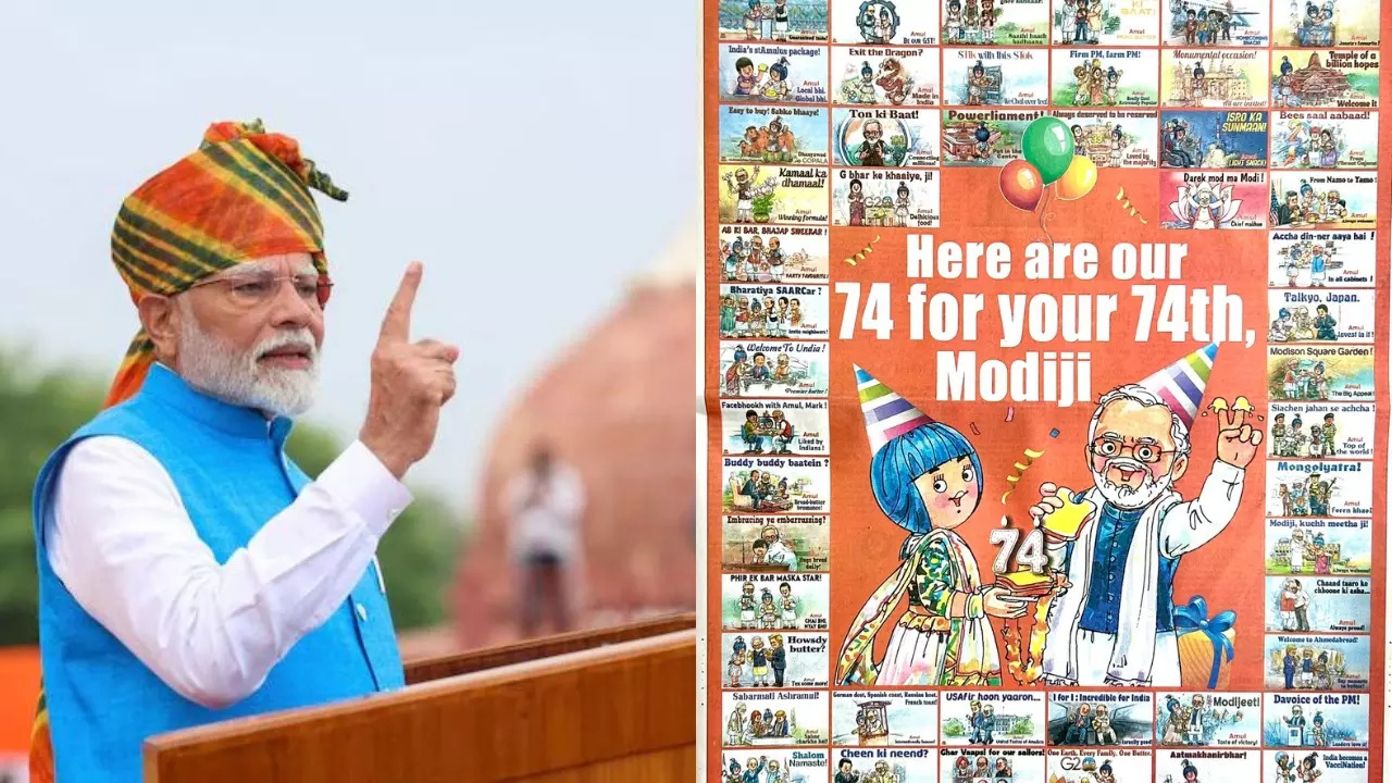 Amul celebrates Prime Minister Narendra Modi's 74th birthday with 74 topicals. | Courtesy: The Hawk Eye/X