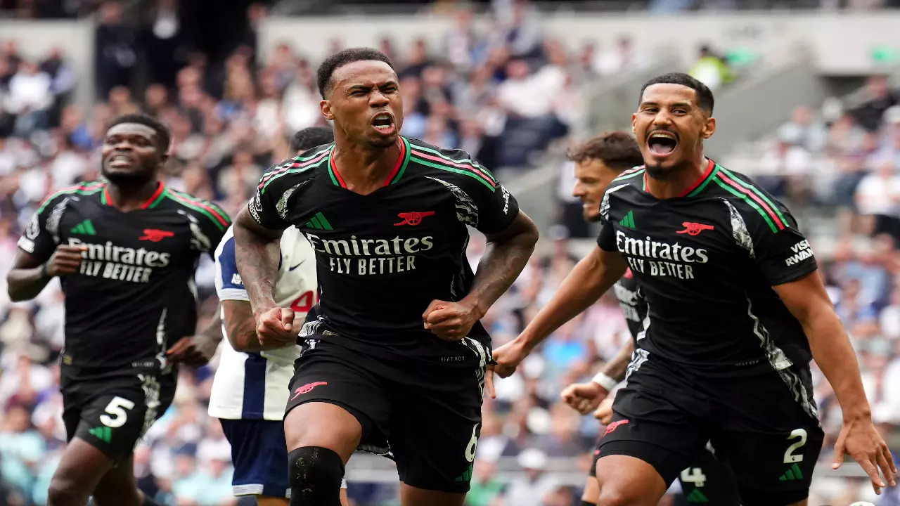 Gabriel of Arsenal celebrates his goal