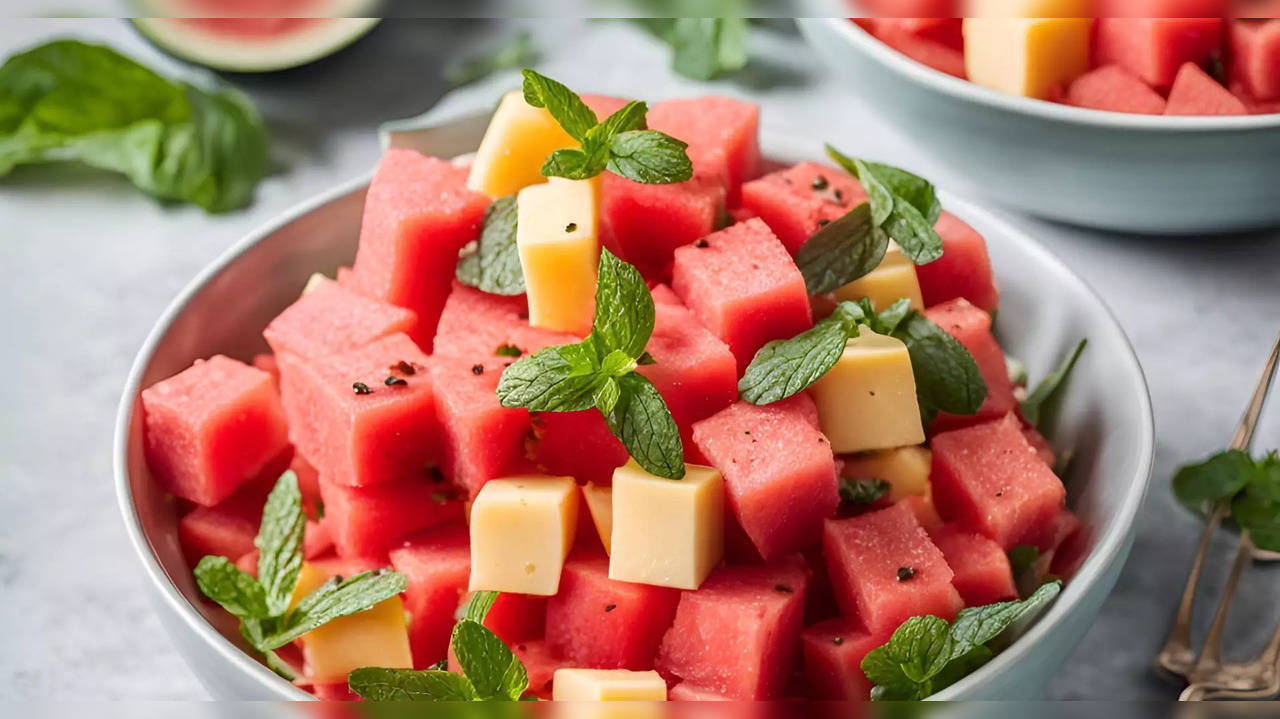 Refreshing Watermelon And Cheese Summer Salad For Warm Afternoons.