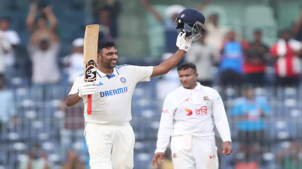 Ravichandran Ashwin celebrates his century in Chennai