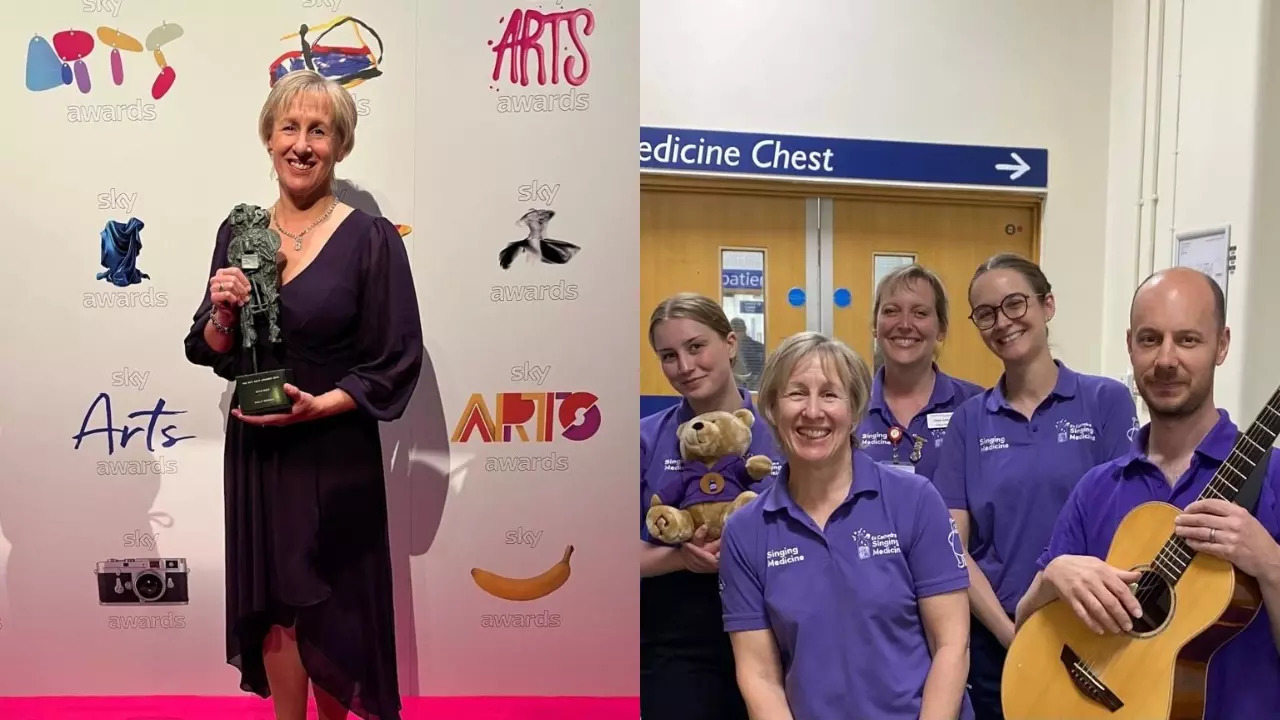 Sally Spencer pictured with the choir at Birmingham Children's Hospital. | Courtesy: Ex Cathedra