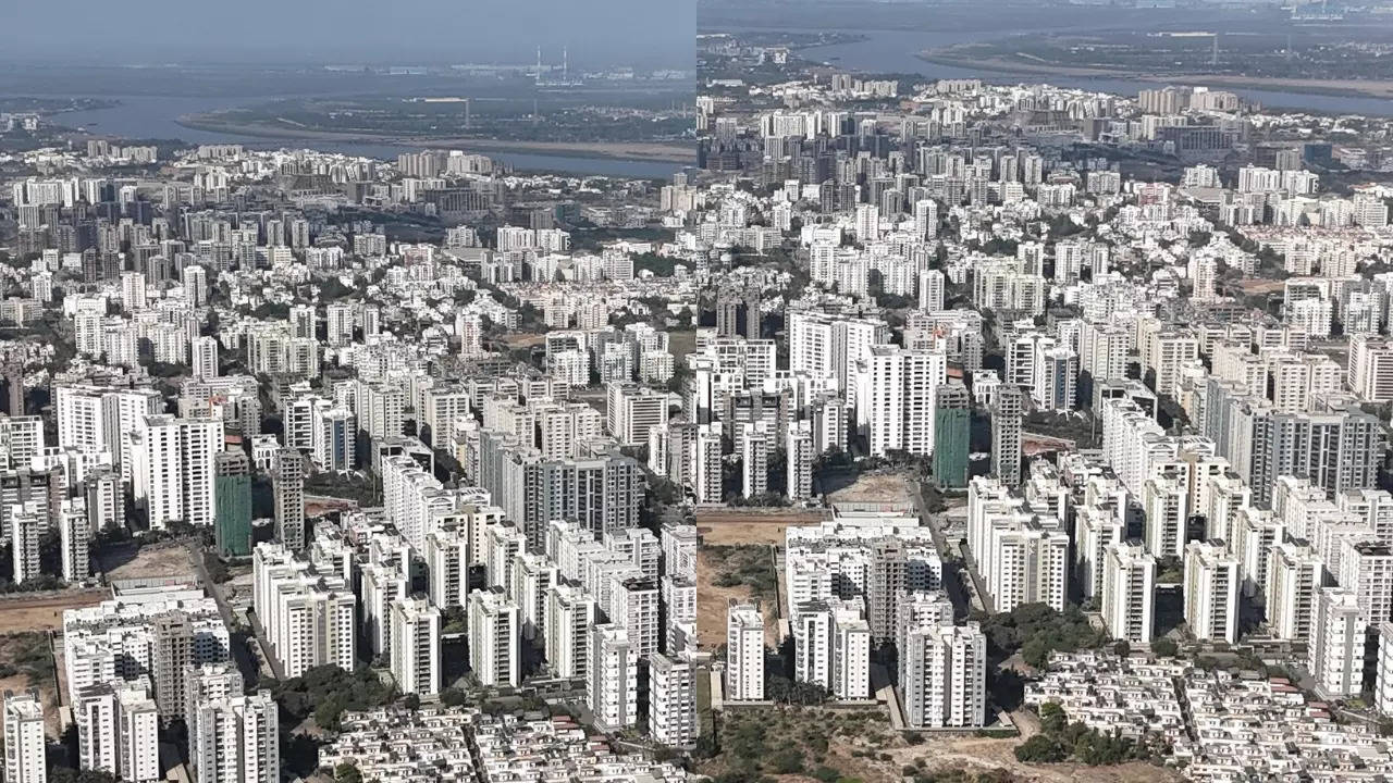 A heavily-urbanised Surat cityscape with generic, white buildings. | Courtesy: @IndexofGujarat/X