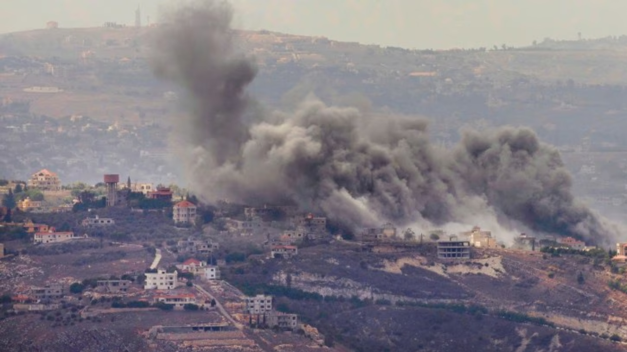 Smoke rises from Israeli airstrikes on villages in the Nabatiyeh district