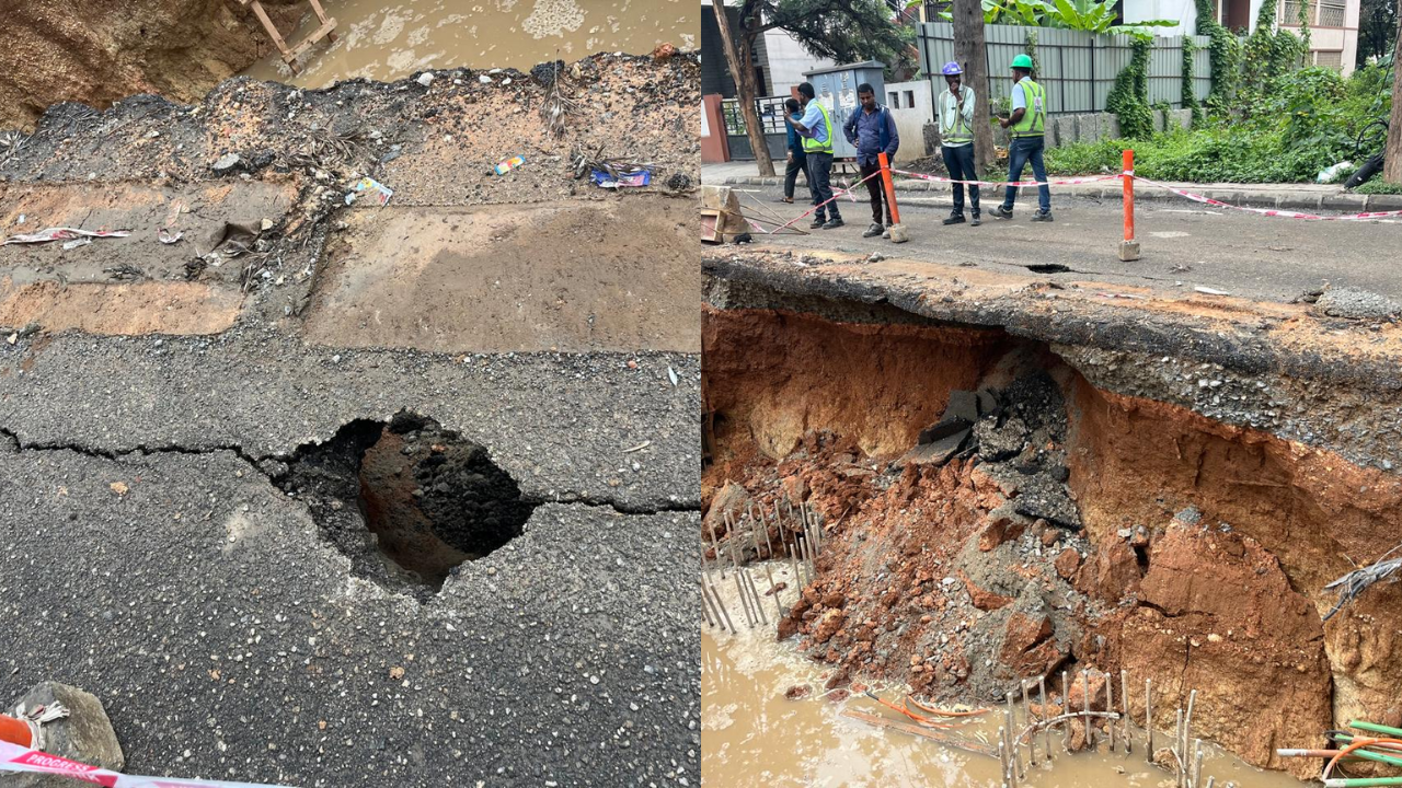 Road caves in near Bengaluru's ORR (Credits: Twitter/@Jointcptraffic)