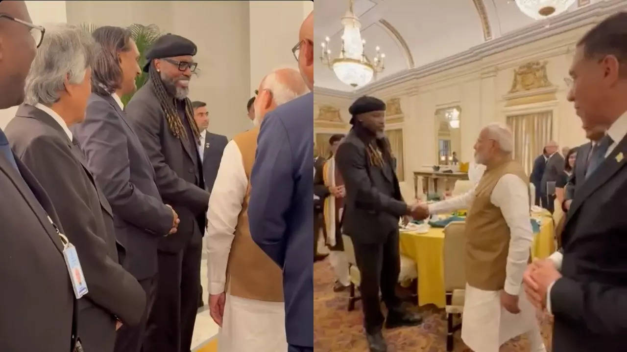 Prime Minister Narendra Modi exchanges pleasantries with Jamaican cricketer Chris Gayle at Hyderabad House, Delhi. | Courtesy: Chris Gayle/Instagram