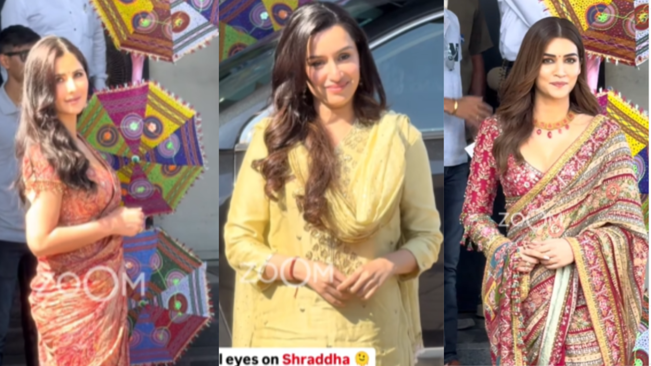 Katrina Kaif, Kriti Sanon And Shraddha Kapoor Stun In Traditional Fits, Head To Kochi For Navratri Celebrations. WATCH (Image Credit: Zoom)