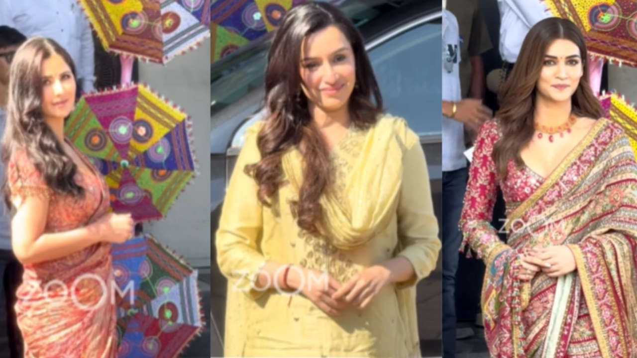 Katrina Kaif, Kriti Sanon And Shraddha Kapoor Stun In Traditional Fits, Head To Kochi For Navratri Celebrations. WATCH