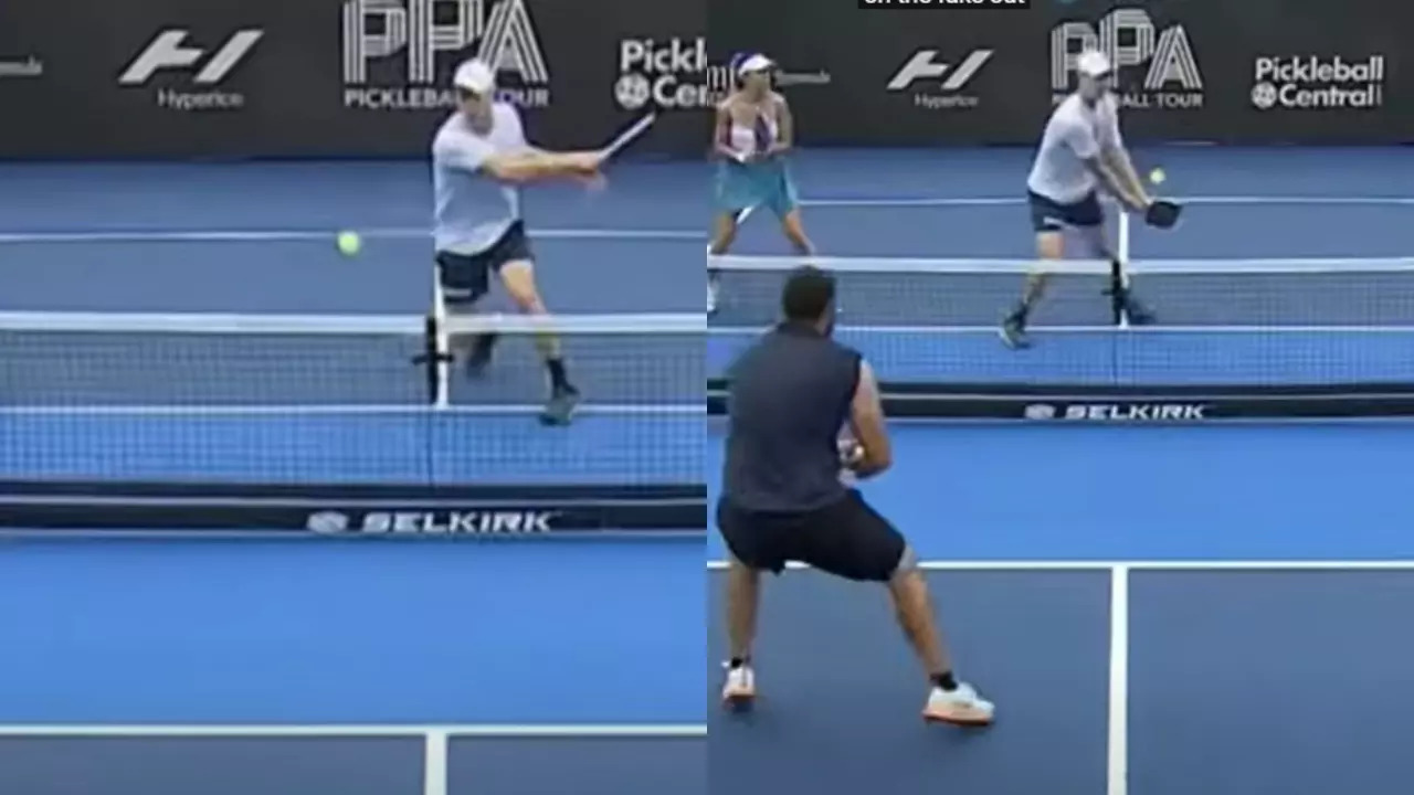 Riley Newman's fake pickleball smash leaves opponents stunned. Old clip goes viral. SEE