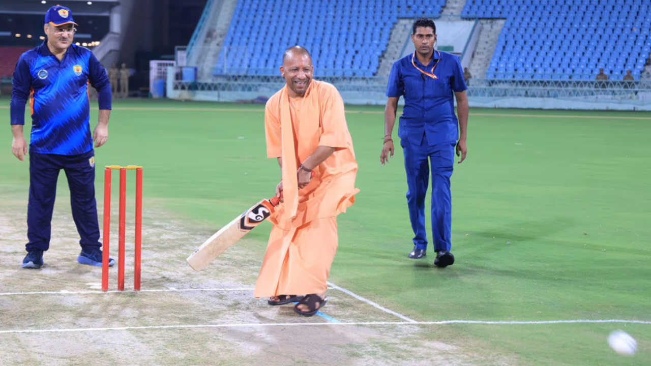 watch yogi adityanath plays cricket at lucknow stadium