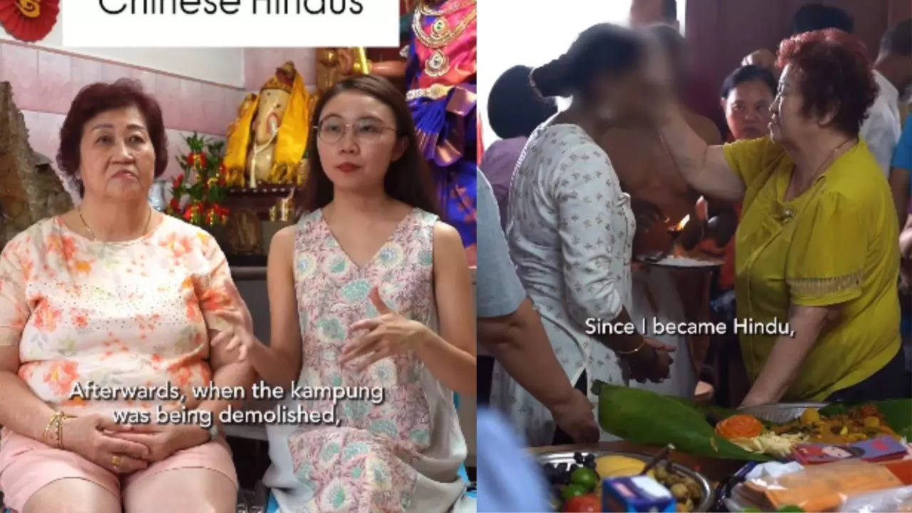 The photo shows a woman and her grandma in Singapore. They are Chinese Hindus.