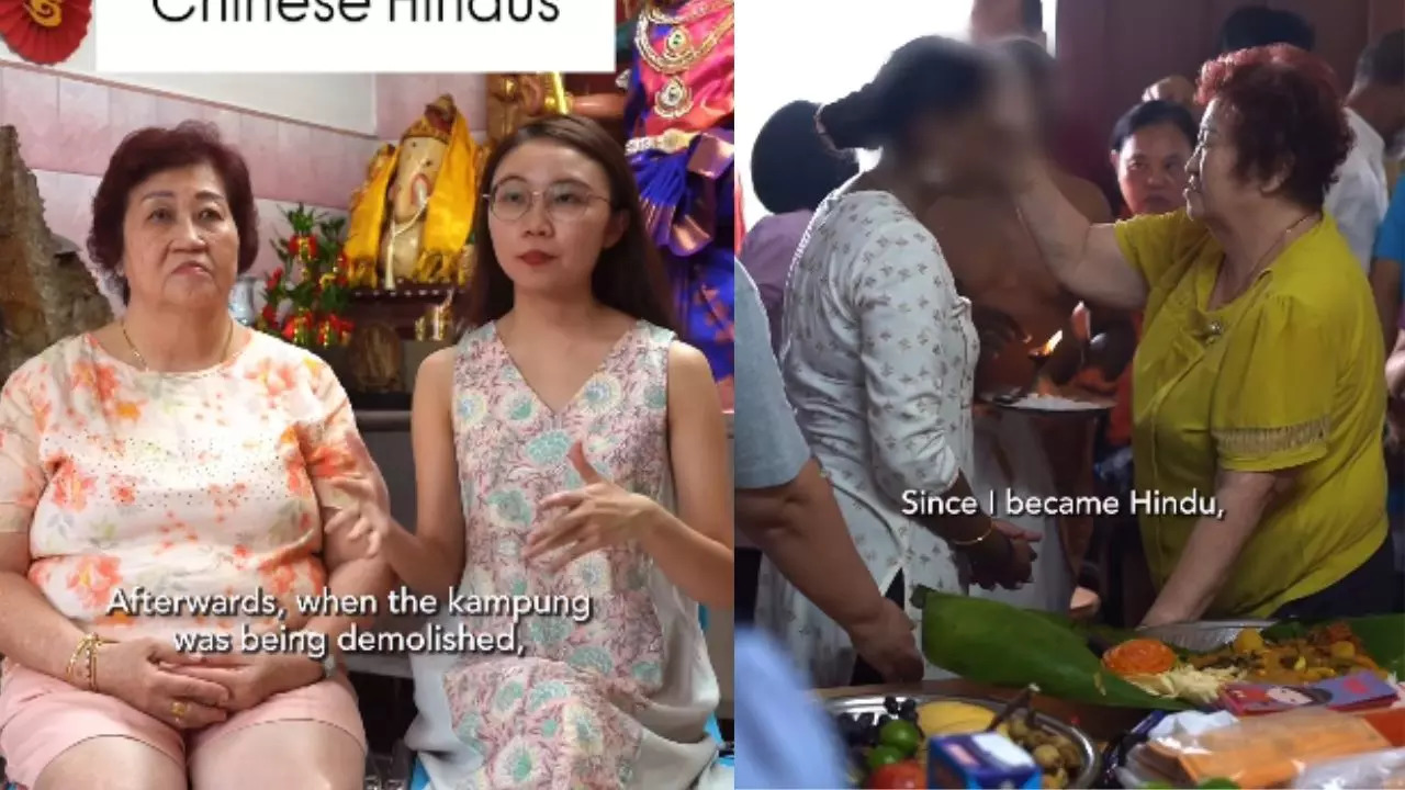 The photo shows a woman and her grandma in Singapore. They are Chinese Hindus.