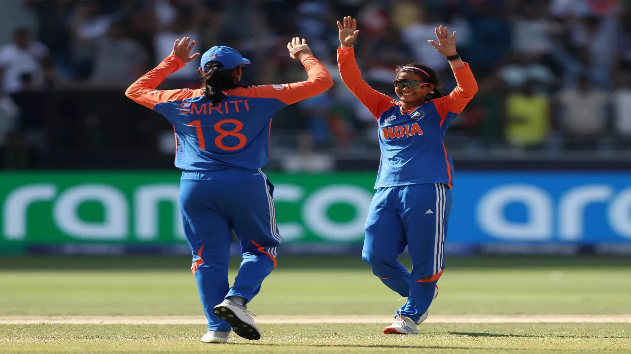 Smriti Mandhana and Shreyanka Patil celebrate a wicket