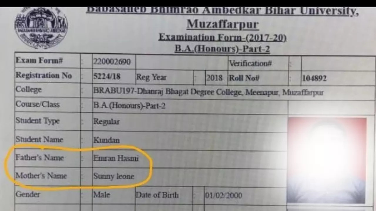 Bihar University exam form with Emraan Hashmi and Sunny Leone put down as parents. | Credit: Rare Indian Images/Instagram