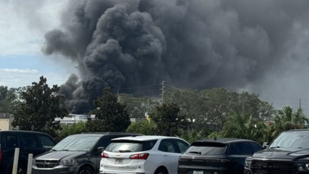 clearwater fire: massive plume of smoke in florida city after hurricane milton impact