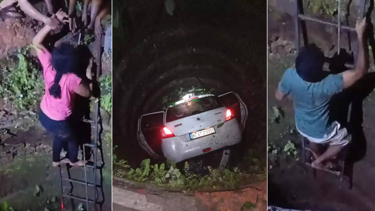 speeding car loses control, falls into well in kolenchery-ernakulam