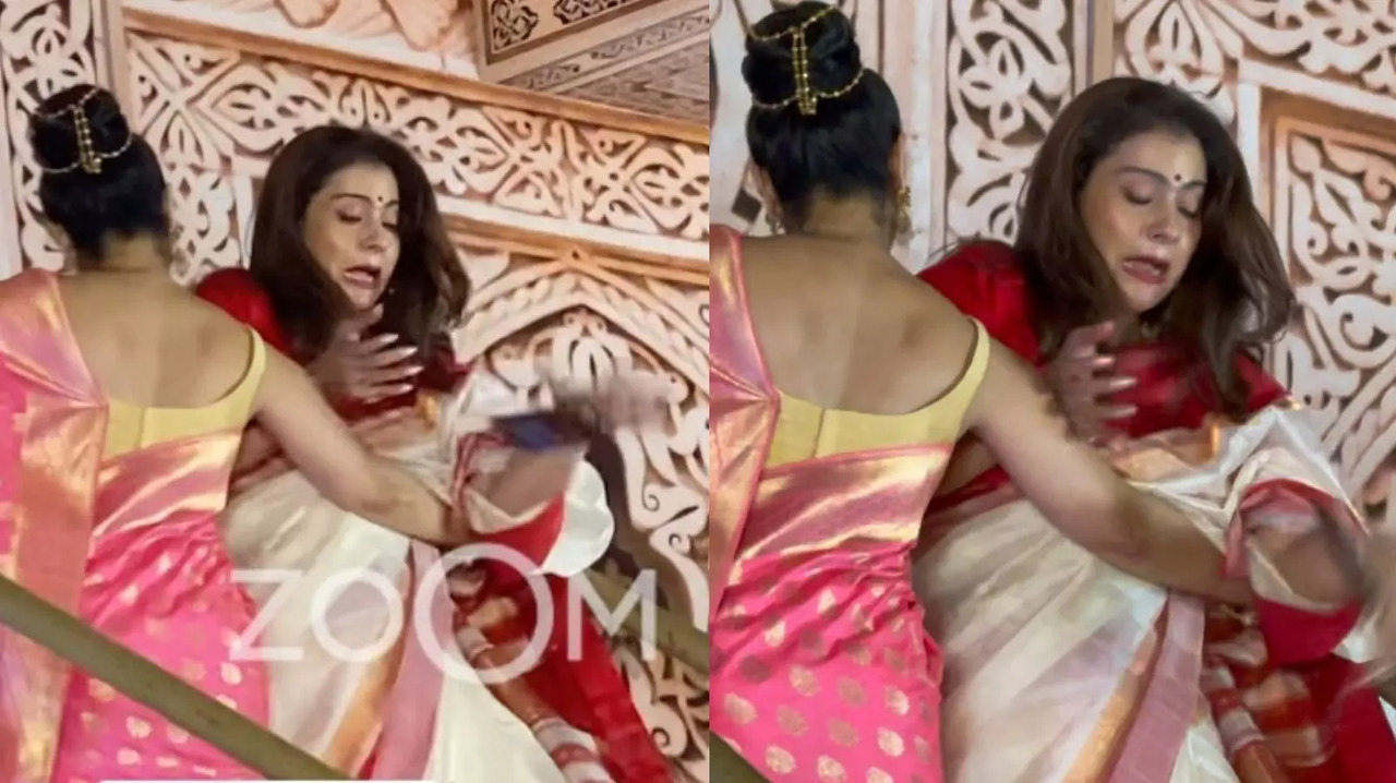 Durga Puja 2024: Kajol Arrives With Sister Tanisha For Sindoor Khela, Accidentally Drops Her Phone While Using Stairs