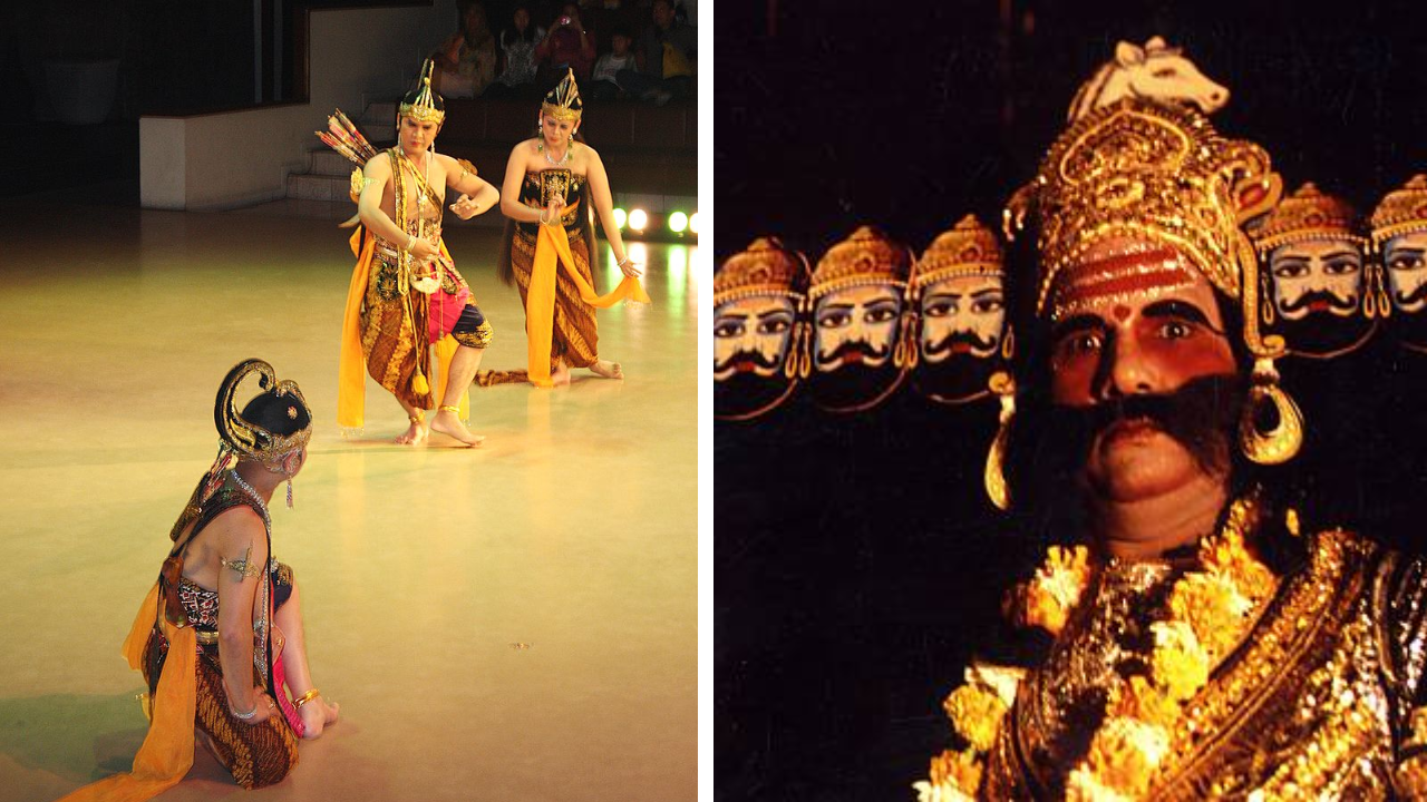 (L to R) Javanese Ramayana Ballet in Prambanan temple, Credits: Commons;  Still From Ramlila performance in Delhi, Credits: Ministry of Culture of Government of India