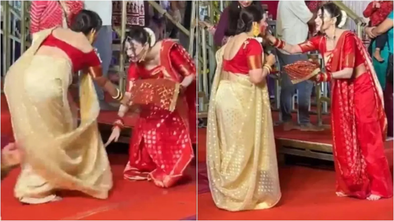 Rani Mukerji Reacts As Sherlyn Chopra Touches Her Feet During Sindoor Khela At Durga Puja Pandal